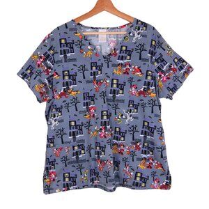 DISNEY Gray Halloween Haunted Mansion Scrub Top Size L Minnie Mickey Pluto Goofy